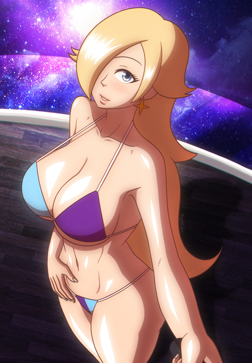 1girl alluring balcony beg4cake big_breasts bikini bikini_bottom bikini_top blonde_female blonde_hair cleavage earrings hair_over_one_eye hand_on_hip mario_(series) navel princess_rosalina rosalina selfie_stick selfpic smile super_mario_bros. thick_thighs wide_hips