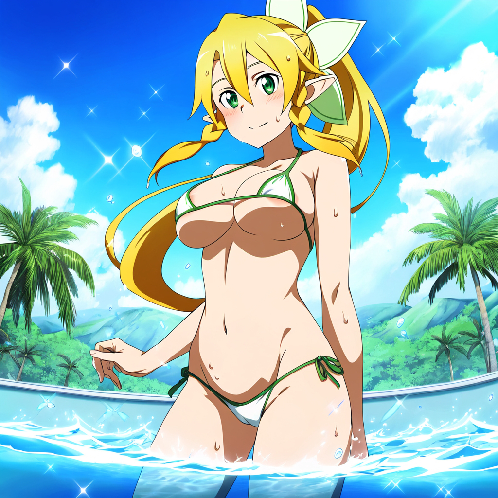 1girl alluring beach big_breasts bikini blonde_hair blue_sky goldhopper green_eyes leafa ocean pin_up swimming_pool sword_art_online under_boob wet