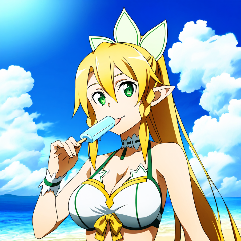 1girl alluring beach big_breasts blonde_hair blue_sky cleavage goldhopper green_eyes holding_popsicle leafa ocean pin_up sword_art_online