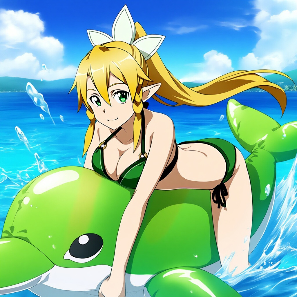 1girl alluring big_breasts blonde_hair cleavage goldhopper green_eyes inflatable_dolphin leafa ocean pin_up sea sword_art_online