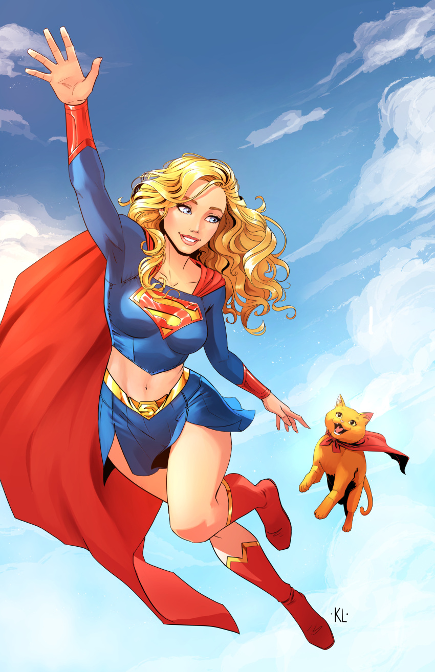 1girl animal arm_at_side arm_up bare_legs blonde_female blonde_hair blue_eyes blue_skirt boots breasts cape cat cloud collarbone day dc_comics dcau female_only flying footwear friends full_body grin happy heroine kara_zor-el kath_lobo kath_lobo_(artist) kryptonian legs lipstick long_hair looking_at_another looking_back makeup midriff miniskirt navel neck outside parted_lips pink_lipstick red_boots red_cape red_footwear skirt sky smile streaky_the_supercat supergirl supergirl_(series) superheroine superman_(series) thighs wavy_hair