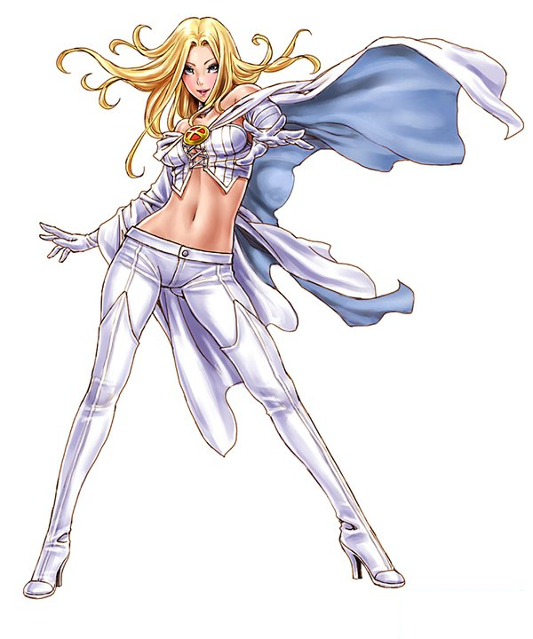 1girl arm_at_side bangs bare_shoulders blonde_female blonde_hair breasts cape closed_mouth elbow_gloves emma_frost female_only female_solo footwear full_body gloves high_heels lips lipstick long_hair looking_at_viewer makeup marvel marvel_comics medium_breasts midriff navel outstretched_arm pants parted_bangs pink_lipstick simple_background standing supervillainess villainess white_background white_cape white_footwear white_gloves white_high_heels white_pants white_queen x-men yamashita_shun'ya
