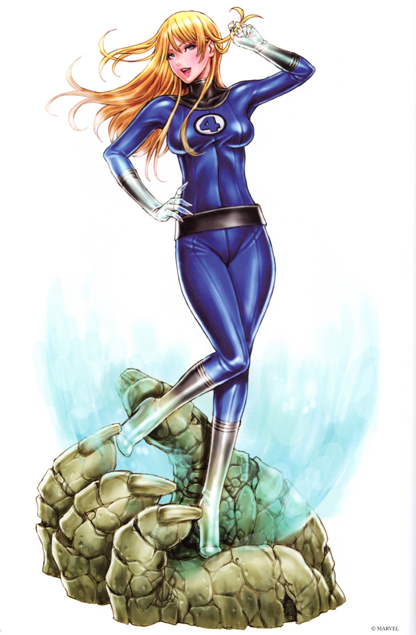 1girl arm_up blonde_female blonde_hair blue_bodysuit blue_eyes bodysuit boots breasts fantastic_four female_only female_solo floating_hair footwear full_body hand_on_hip heroine invisible_woman long_hair looking_at_viewer marvel marvel_comics medium_breasts open_mouth simple_background skin_tight smile standing straight_hair sue_storm superheroine white_background white_boots white_footwear yamashita_shun'ya