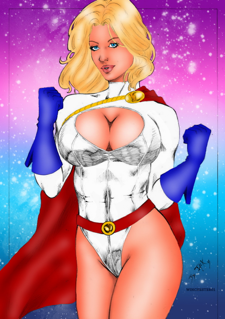 1girl bare_legs belt big_breasts blonde_female blonde_hair blue_eyes blue_gloves breasts cape cleavage cleavage_cutout clenched_hands clothing_cutout dc_comics dcau dyego_jackson dyego_jackson_(artist) female_only female_solo gloves grin hands_up justice_league_unlimited justice_society_of_america legs legs_together leotard lips lipstick looking_at_viewer makeup mound_of_venus multicolored_background naughty_face parted_lips pink_lipstick power_girl red_belt red_cape short_hair smile standing superman_(series) thick_thighs thighs turtleneck turtleneck_leotard white_leotard winchester01