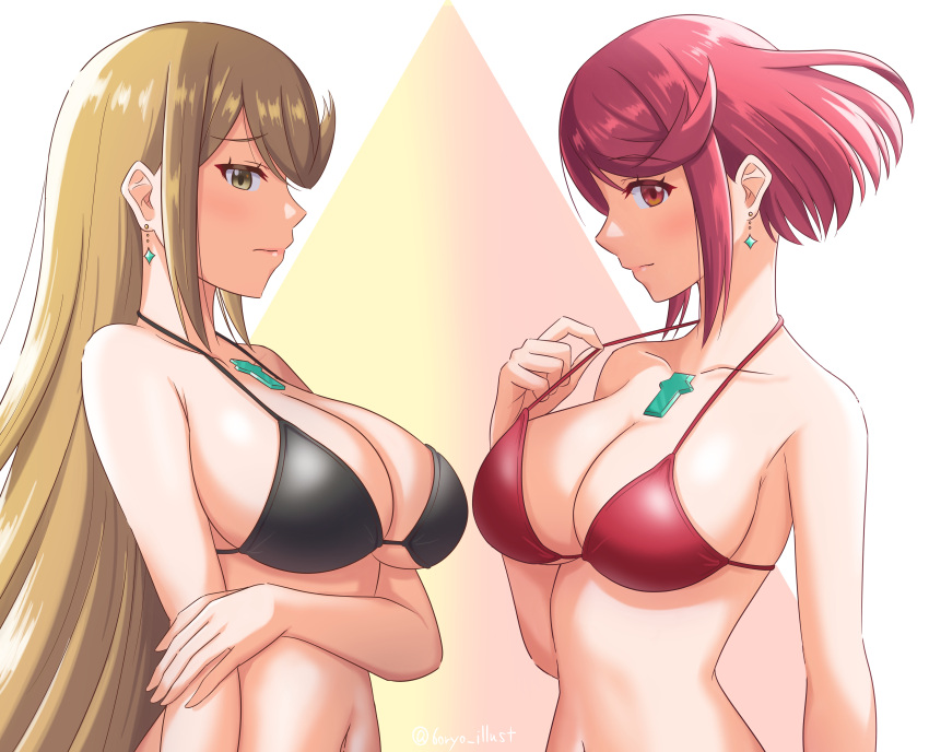 2girls 6oryo_illust absurd_res alluring arm_under_breasts big_breasts bikini bikini_pull black_bikini blonde_hair bob_cut breast_focus chest_jewel closed_mouth clothes_pull collarbone commentary_request core_crystal_(xenoblade) earrings floating_earring from_side gradient_background hand_up heroine heroines high_res jewelry long_hair looking_at_another looking_at_viewer medium_hair milf multiple_girls mythra_(xenoblade) navel pink_background pulling_own_clothes pyra_(xenoblade) red_bikini red_hair ryochan96154 shadow short_hair sidelocks sideways_glance stomach strap_lift swimsuit twitter_username upper_body very_long_hair xenoblade_(series) xenoblade_chronicles_2 yellow_background