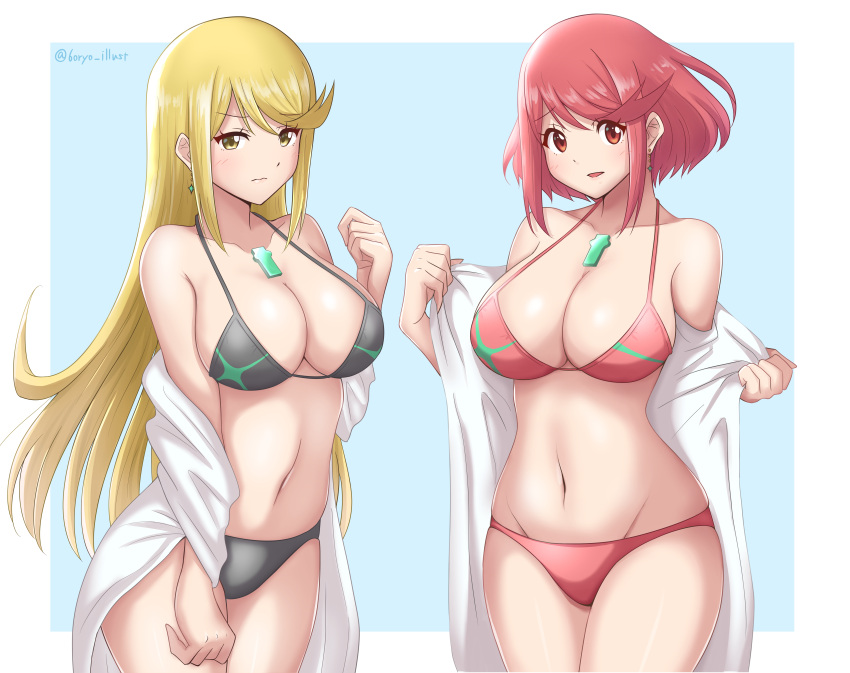 2girls 6oryo_illust absurd_res alluring artist_name big_breasts bikini black_bikini blonde_hair chest_jewel closed_mouth clothes_down commentary_request core_crystal_(xenoblade) cowboy_shot earrings embarrassed high_res jewelry long_hair looking_at_viewer multiple_girls mythra_(xenoblade) navel nintendo open_clothes open_robe parted_lips pyra_(xenoblade) red_bikini red_eyes red_hair robe ryochan96154 short_hair stomach swept_bangs swimsuit twitter_username very_long_hair xenoblade_(series) xenoblade_chronicles_2