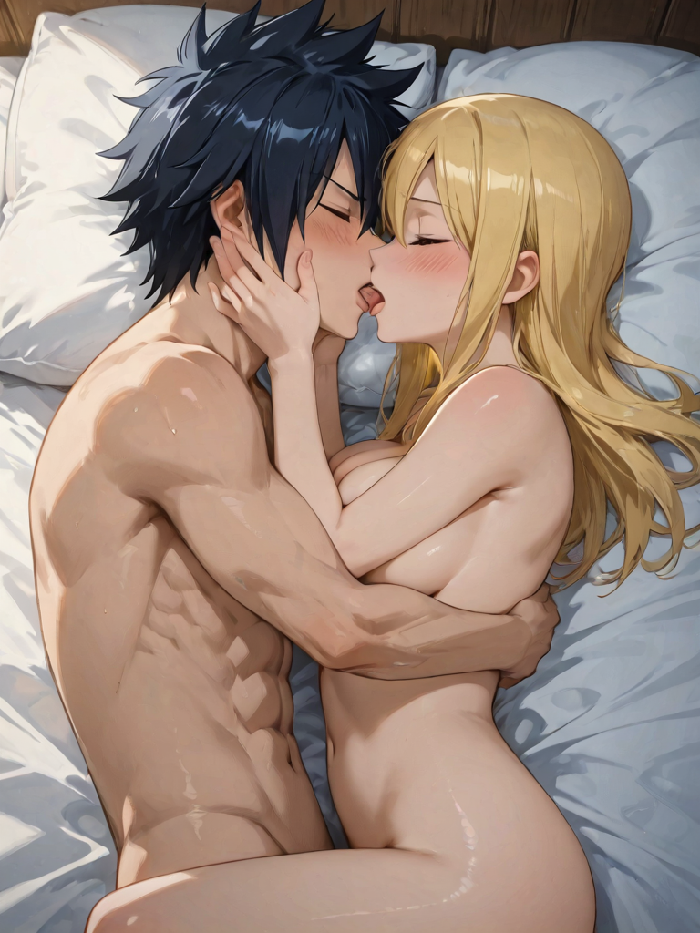 bedroom black_hair blonde_hair fairy_tail french_kiss gray_fullbuster kissing lucy_heartfilia pixai