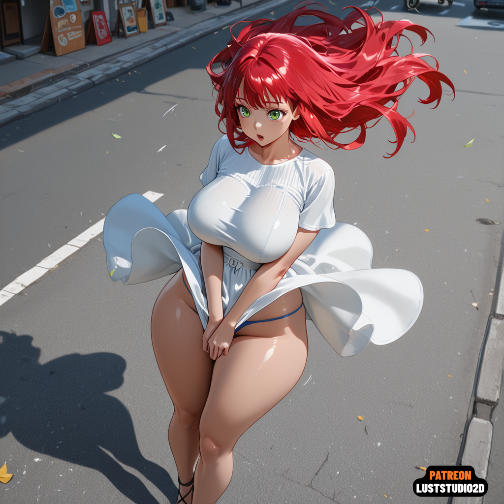 1girl 1girl 1girl absurdress ai ai-created ai_generated big_breasts big_breasts blue breasts clothes_lift covering_privates curvaceous dress dress_lift ecchi g-string green_eyes highleg long_hair original outdoor panties public red_hair stockings street thick_thighs thong underwear wide_hips wind_lift