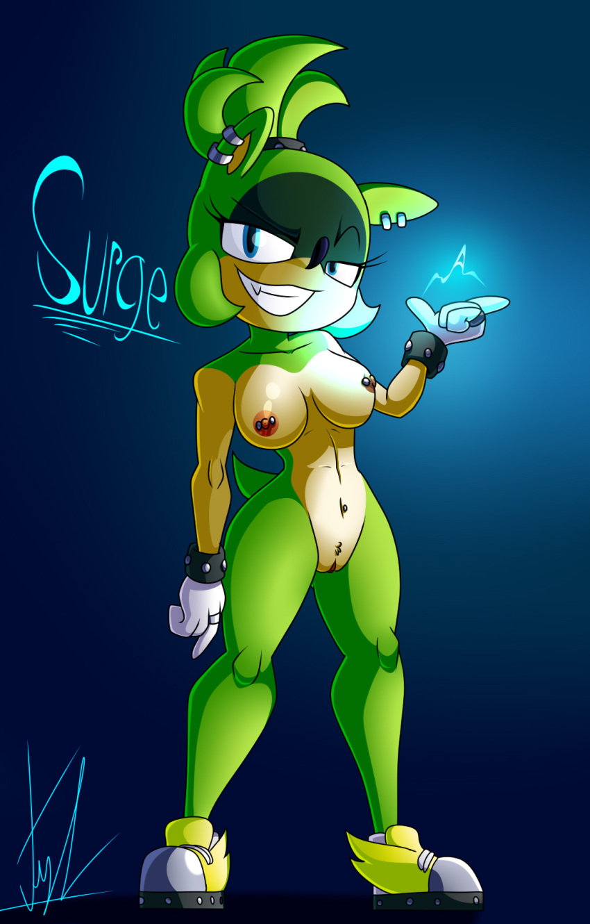 1girl 1girl afrosoricid anthro blue_eyes breasts casual clothing ear_piercing exposed_torso footwear footwear_only genitals green_body green_hair hair handwear high_res idw_comics idw_publishing lechugansfw mammal mobian_(species) mostly_nude naked_footwear nipple_piercing nipples nude piercing pussy sega sega shoes shoes_only simple_background sonic_the_hedgehog_(comics) sonic_the_hedgehog_(idw) sonic_the_hedgehog_(series) surge_the_tenrec tenrec wristwear