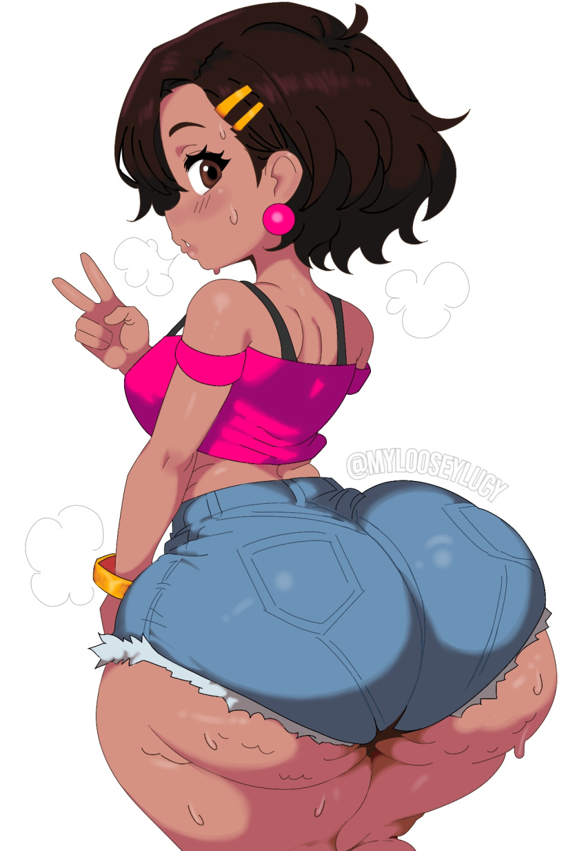 1girl 1girls arrow_funk asking_for_it ass ass_bigger_than_breasts ass_bigger_than_head ass_bigger_than_torso ass_focus barbara_(arrow_funk) big_ass blunt_bangs booty_shorts bottom_heavy bottomless bottomless_female bracelet breasts brown_eyes brown_hair cellulite commission crop_top dark-skinned_female dark_skin earrings friday_night_funkin friday_night_funkin_mod golden_bracelet hair_clips hair_ornament jean_shorts large_ass medium_breasts mylooseylucy pink_crop_top pink_earrings short_hair shorts shortstack soft_lips steam steaming steaming_body steamy_ass straps straps_off_shoulders sweat sweating sweaty sweaty_ass sweaty_body sweaty_butt tight_clothes tight_clothing tight_fit tight_shorts