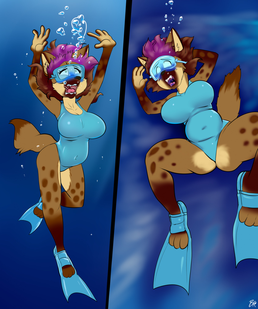 1girl 2023 4_fingers air_bubble anthro asphyxiation big_breasts breasts byondrage clothing constricted_pupils cyanosis death digital_drawing_(artwork) digital_media_(artwork) diving_mask drowning english_description female female_death fingers fully_submerged furry hair high_res hyena lying lynn_(skippyfox15117) mammal mask on_back one-piece_swimsuit open_mouth original peril pupils purple_hair signature skippyfox15117 small_pupils solo swimwear underwater water
