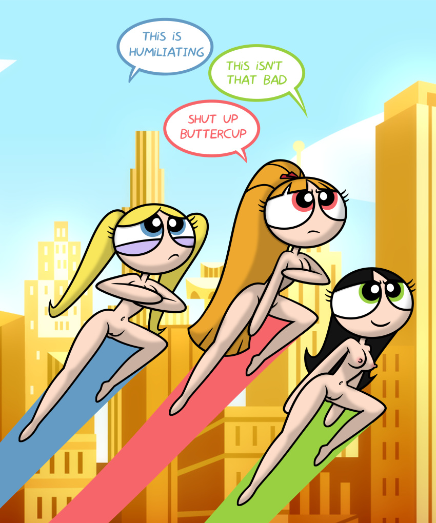 1girl 3_girls aged_up big_breasts black_hair blonde_hair blossom_(powerpuff_girls) blue_eyes breasts bubbles_(powerpuff_girls) buttercup_(powerpuff_girls) cartoon_network casual completely_nude covering_breasts covering_crotch edit embarrassed embarrassed_nude_female enf exhibitionism female_focus flying green_eyes hourglass_figure human long_hair multiple_females multiple_girls navel nude nude_female nudity pale_skin pink_eyes pinup pinup_pose ponytail pose posing powerpuff_girls public public_nudity red_hair risenhentaidemon sex speech_bubble streaking tagme teen toonami twin_tails wide_hips xierra099