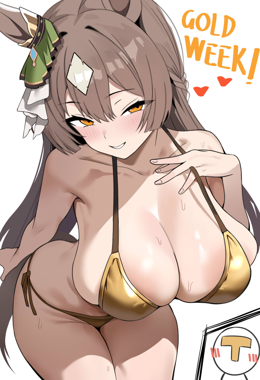1girl absurd_res animal_ears areola_slip bent_over bikini blush breasts brown_eyes brown_hair cleavage collarbone diamond_(shape) dush_1154 ear_ornament gold_bikini golden_week hair_between_eyes hanging_breasts heart high_res horse_ears horse_girl horse_tail huge_breasts large_areolae leaning_forward long_hair looking_at_viewer multicolored_hair satono_diamond_(umamusume) side-tie_bikini_bottom simple_background skindentation smile streaked_hair sweat swimsuit tail thighs trainer_(umamusume) umamusume white_background white_hair