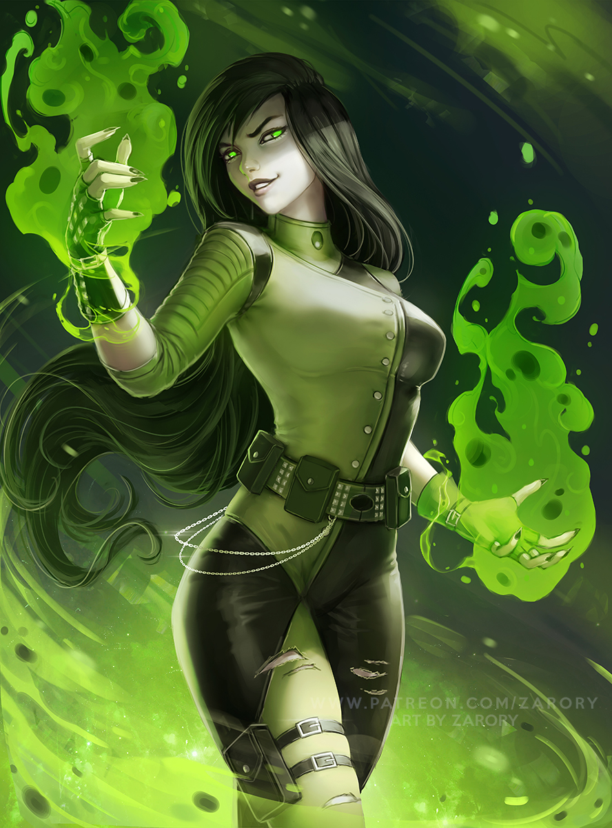 1girl adapted_costume bangs belt big_breasts black_background black_bodysuit black_hair black_nails black_pouch bodysuit breasts crossed_legs crossed_legs_(standing) disney evil_smile female_only female_solo fingerless_gloves floating_hair gloves glowing glowing_eyes green_background green_belt green_bodysuit green_eyes green_gloves green_pouch grey_lipstick grey_skin grin half-closed_eyes hands_up head_tilt holster kim_possible lipstick long_hair long_sleeves looking_at_viewer magic makeup multicolored_background multicolored_bodysuit multicolored_clothes nail_polish naughty_face neck pale-skinned_female pale_skin parted_lips pouch shade shaded_face shego skin_tight sleeves_rolled_up smile standing straight_hair supervillainess swept_bangs torn_bodysuit torn_clothes two-tone_background two-tone_bodysuit very_long_hair villainess zarory