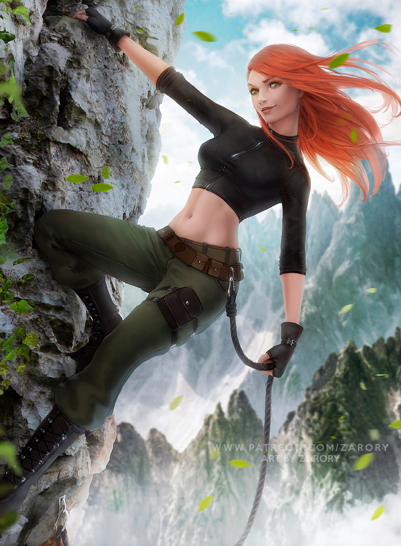 1girl adapted_costume belt black_boots black_footwear black_gloves black_pouch black_shirt boots breasts brown_belt brown_lipstick canyon cliff climbing closed_mouth cloud day disney female_only female_solo fingerless_gloves floating_hair footwear gloves green_eyes green_pants half-closed_eyes hanging head_tilt heroine holster kim_possible kimberly_ann_possible leaf leaves lips lipstick long_hair long_sleeves looking_at_viewer makeup medium_breasts midriff mountain naughty_face navel neck orange_hair outside pants pouch rope shirt sky sleeves_rolled_up straight_hair teen teenage_girl turtleneck turtleneck_shirt zarory zipper