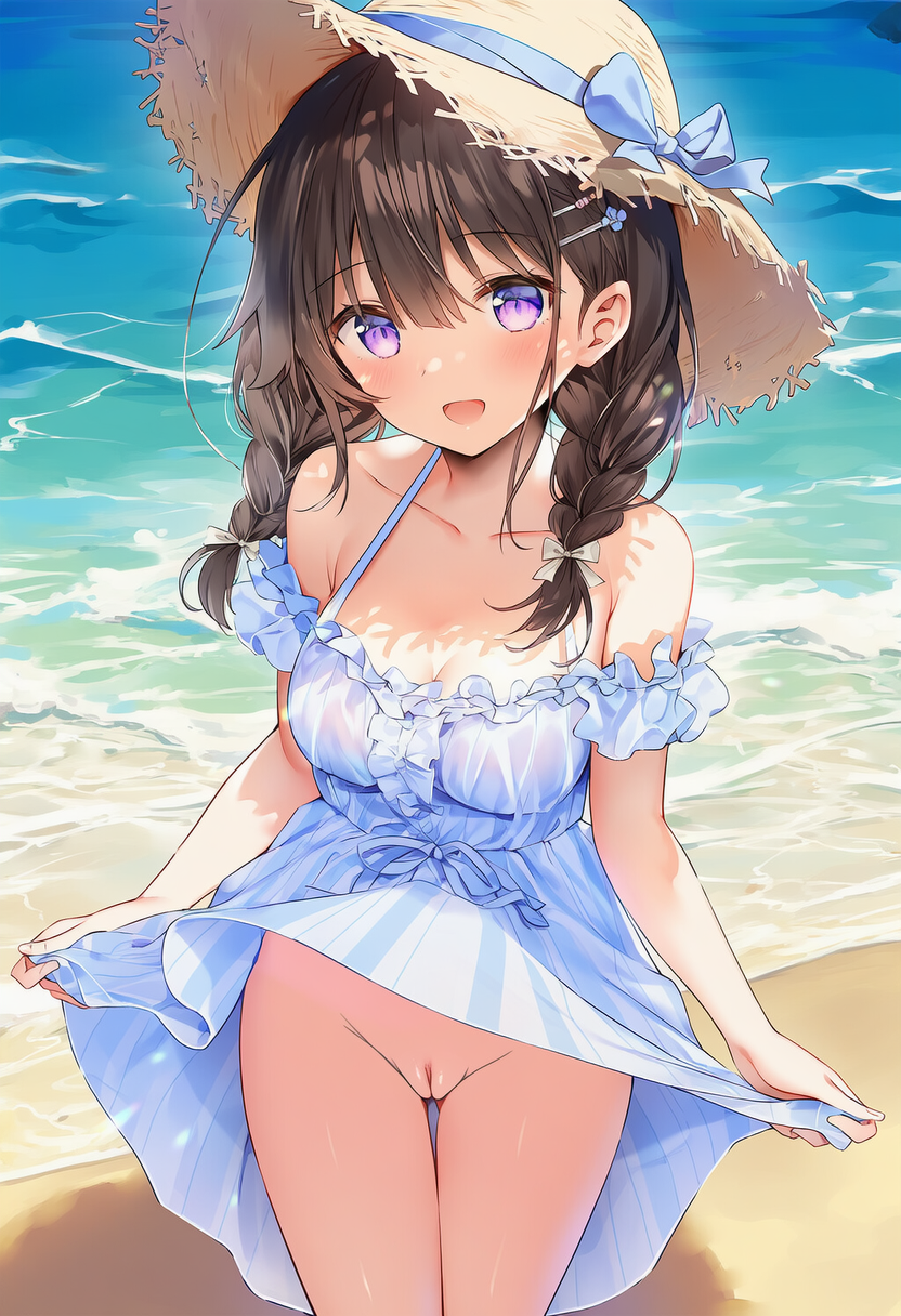 1girl ai_generated bare_shoulders beach blue_dress blush bottomless bow breasts brown_hair collarbone dress dress_lift frilled_sleeves frills grabbing_dress hairclip hat hat_ribbon high_res long_hair looking_at_viewer medium_breasts nude ocean off_shoulder open_mouth outside purple_eyes pussy standing straw_hat thighs uncensored