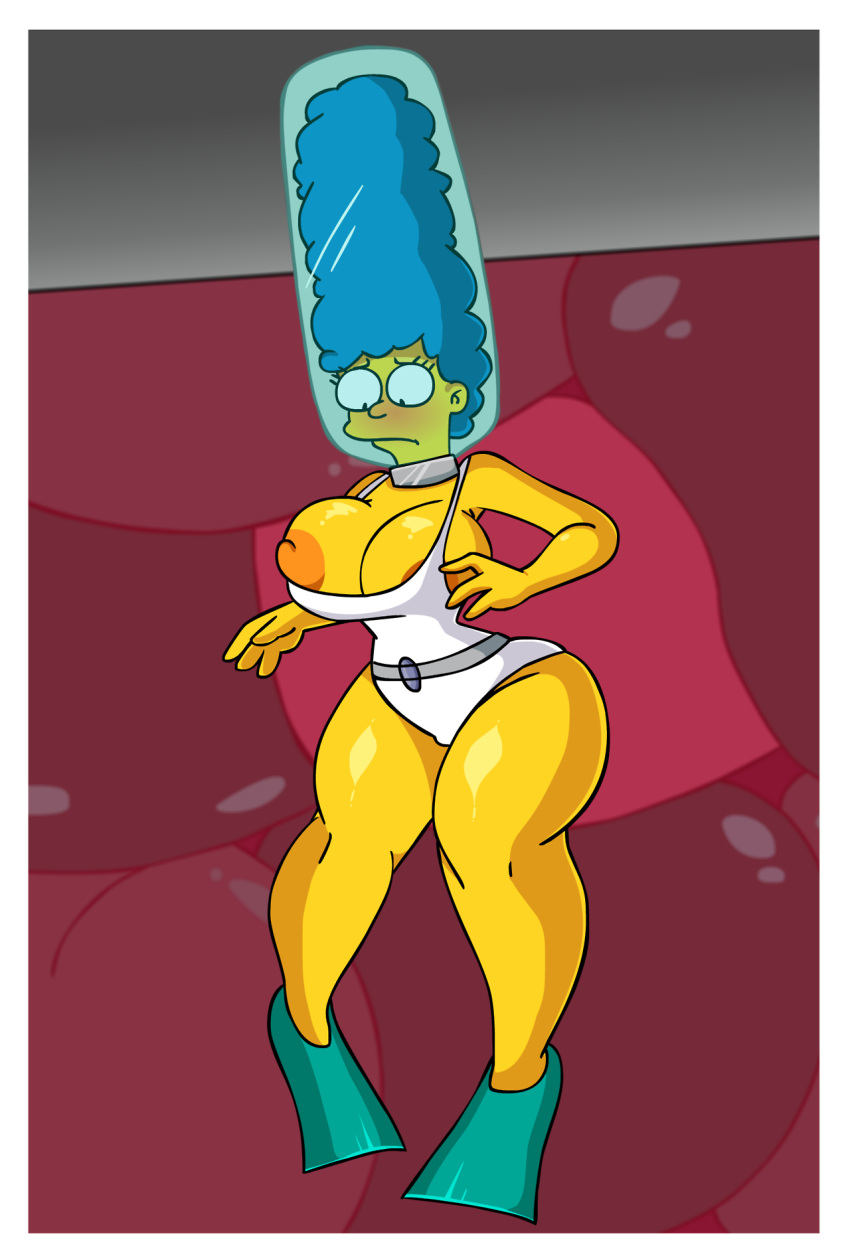 1girl big_breasts blue_hair blush breasts bursting_breasts detnox female female_only flippers leotard looking_at_breasts marge_simpson milf one-piece_swimsuit solo swimsuit tagme the_simpsons underwater wardrobe_malfunction white_leotard white_swimsuit yellow_skin