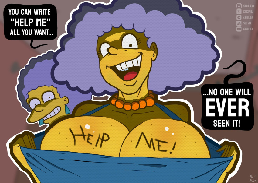 2girls big_breasts breasts english_text female patty_bouvier paulhex reference selma_bouvier text text_bubble the_simpsons twins writing_on_breasts