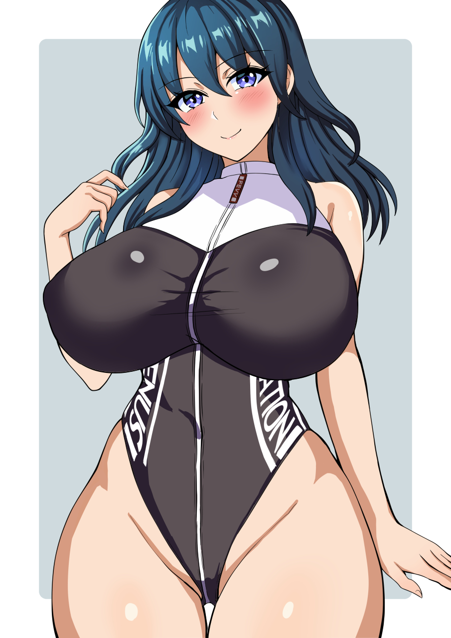 1girl 1girl 1girl alluring alternate_costume big_breasts blue_eyes byleth_(fire_emblem) byleth_(fire_emblem)_(female) competition_swimsuit female_only fire_emblem fire_emblem:_three_houses goma_tarata intelligent_systems nintendo one-piece_bikini tagme teal_hair