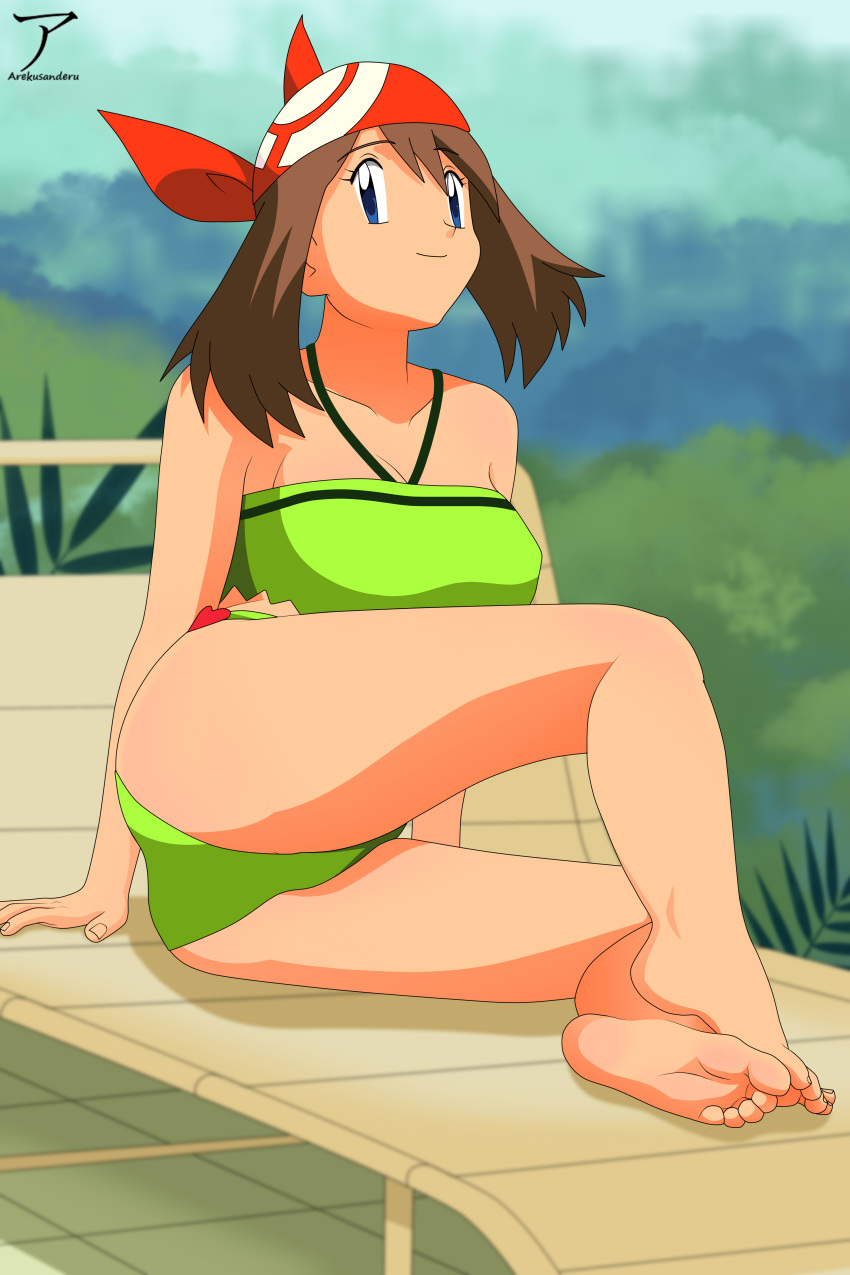 1girl 1girl 1girl alluring arekusanderu artist_logo artist_name bandana bare_legs big_breasts bikini bikini_only blue_eyes brown_hair feet game_freak hair_between_eyes may_(pokemon) medium_breasts nintendo outside pokemon swimwear swimwear_only tagme