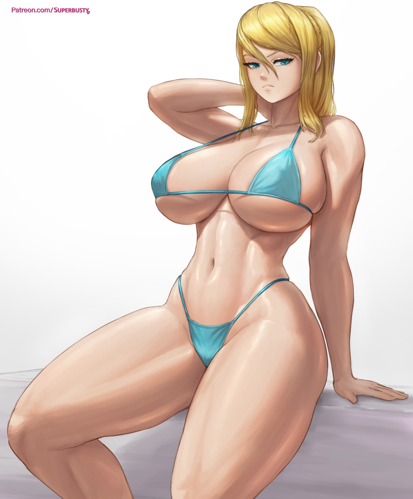 1girl 1girl 1girl alluring athletic_female big_breasts big_breasts bikini blonde_hair blue_eyes cleavage female_abs female_only fit_female hand_behind_head high_res high_res looking_at_viewer metroid midriff navel nintendo ponytail samus_aran solo_female superbusty swimsuit thick thick_thighs thighs tomboy voluptuous