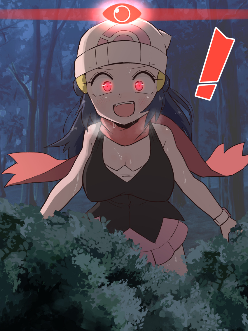 ! 1girl 1girl 1girls 2023 alpha_pokegirl blue_hair breasts cleavage clothing dawn_(pokemon) forest glowing_eyes hat kurachi_mizuki long_hair looking_at_viewer night nintendo open_mouth pokemon pokemon_dppt pokemon_legends:_arceus red_eyes sweat