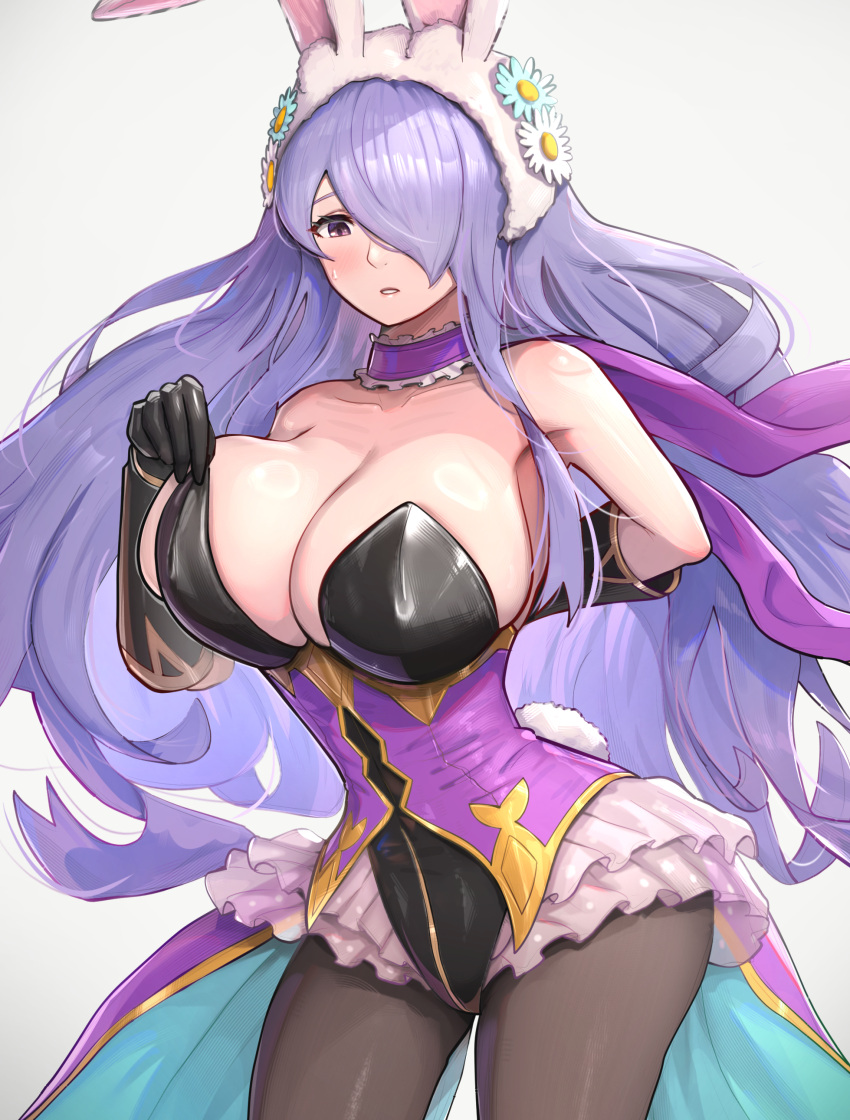 1girl 1girl absurd_res alluring alternate_costume animal_ears bare_shoulders big_breasts blush camilla_(fire_emblem) camilla_(spring_princess)_(fire_emblem) choker cleavage fake_animal_ears fire_emblem fire_emblem_fates fire_emblem_heroes frilled_choker frills gloves gonzarez hair_over_one_eye high_res intelligent_systems leotard long_hair looking_at_viewer nintendo nontraditional_playboy_bunny official_alternate_costume pantyhose playboy_bunny purple_eyes purple_hair rabbit_ears rabbit_tail tail very_long_hair wavy_hair