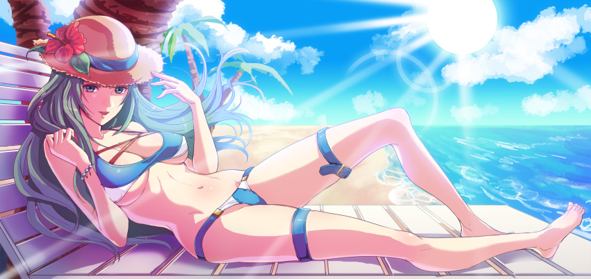 1girl 1girl alluring beach bikini blue_bikini cleavage day female_focus fire_emblem fire_emblem:_path_of_radiance fire_emblem_heroes green_hair hat high_res intelligent_systems kokouno_oyazi long_hair looking_at_viewer nephenee_(fire_emblem) nintendo open_mouth pin_up smile swimsuit thigh_strap thighs