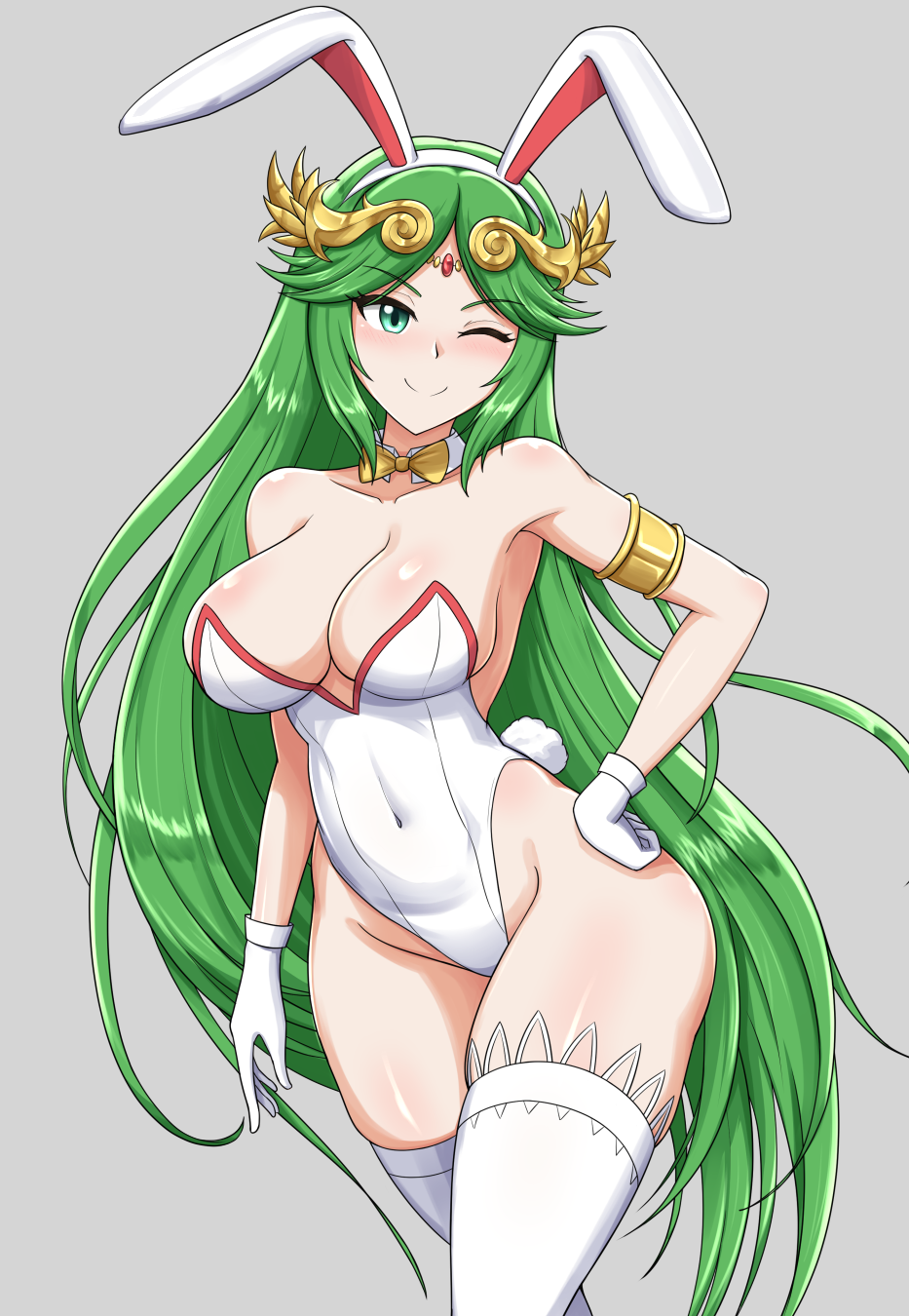 1girl 1girl alluring big_breasts bunnysuit canadiananiguy cleavage curvy_figure goddess green_eyes green_hair kid_icarus nintendo palutena winking_eye