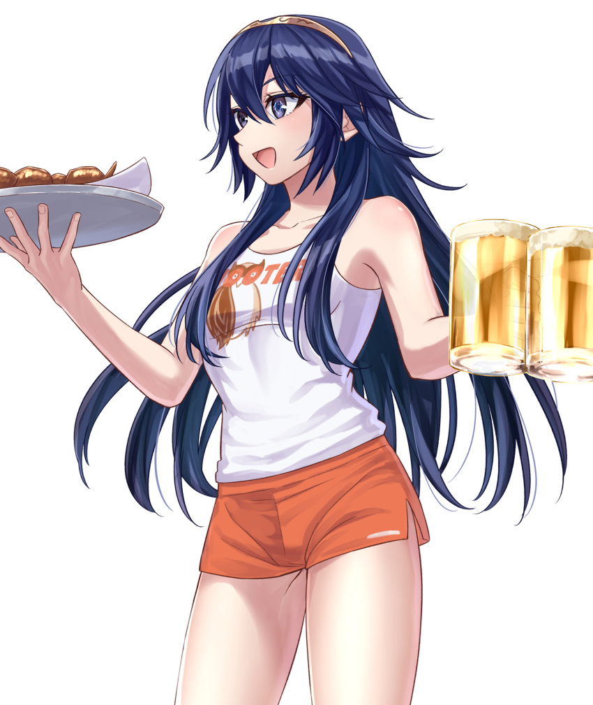 1girl 1girl :d alluring bare_shoulders beer_mug blue_eyes blue_hair brand_of_the_exalt chicken_(food) cowboy_shot cup fire_emblem fire_emblem_awakening food hair_between_eyes high_res holding holding_cup holding_tray hooters intelligent_systems long_hair lucina lucina_(fire_emblem) mug nintendo no_legwear open_mouth orange_shorts shinae shirt short_shorts shorts sidelocks sleeveless sleeveless_shirt smile symbol_in_eye tiara tray white_background white_shirt