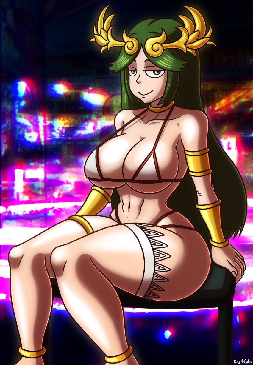 1girl 1girls alluring athletic_female beg4cake big_breasts cleavage female_abs fit_female goddess green_eyes green_hair jewelry kid_icarus long_hair nintendo palutena pin_up under_boob