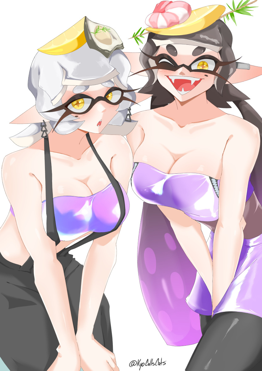 1girl 2_girls 2d_(artwork) artist_name big_breasts black_pants black_pantyhose callie_(splatoon) callie_(summer_nights) cleavage digital_drawing_(artwork) digital_media_(artwork) inkling inkling_girl kyocallscats long_hair marie_(splatoon) marie_(summer_nights) milkytwinkers mole mole_under_eye nintendo one_eye_closed open_mouth pants pantyhose pointy_ears short_hair simple_background skirt splatfest splatoon splatoon_(series) splatoon_3 squid_sisters squid_sisters_(splatoon) summer_nights_splatfest suspenders tentacle_hair tongue topwear twitter_username two_tone_hair watermark white_background wink winking winking_at_viewer yellow_eyes