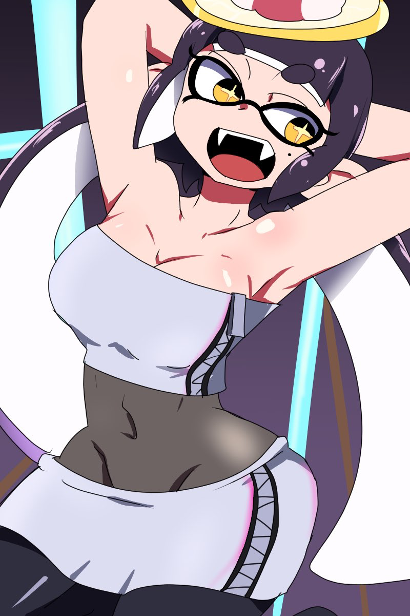 1girl 2024 arm_behind_head arm_on_head armpit_crease armpit_peek armpit_pose armpit_sex_invitation armpits arms_up background baggy_pants big_breasts black_eyelashes black_hair black_pantyhose blunt_bangs breasts callie_(splatoon) callie_(summer_nights) chain_earrings chicken_rib digital_drawing_(artwork) digital_media_(artwork) eyelashes female_only food food_on_head high_res humanoid_pointy_ears inkling light-skinned_female light_skin marine marine_humanoid midriff miniskirt mole mole_under_eye mollusk mollusk_humanoid nintendo object_on_head official_alternate_costume official_alternate_hairstyle open_mouth open_smile pencil_skirt pointy_eared_humanoid pointy_ears presenting_armpit presenting_armpits short_hair shrimp sidelocks splatfest splatoon splatoon_(series) splatoon_3 squid_sisters star_shaped_pupils summer_nights_splatfest tentacle tentacle_hair thick_thighs yellow_eyes zipper zipper_pull_tab