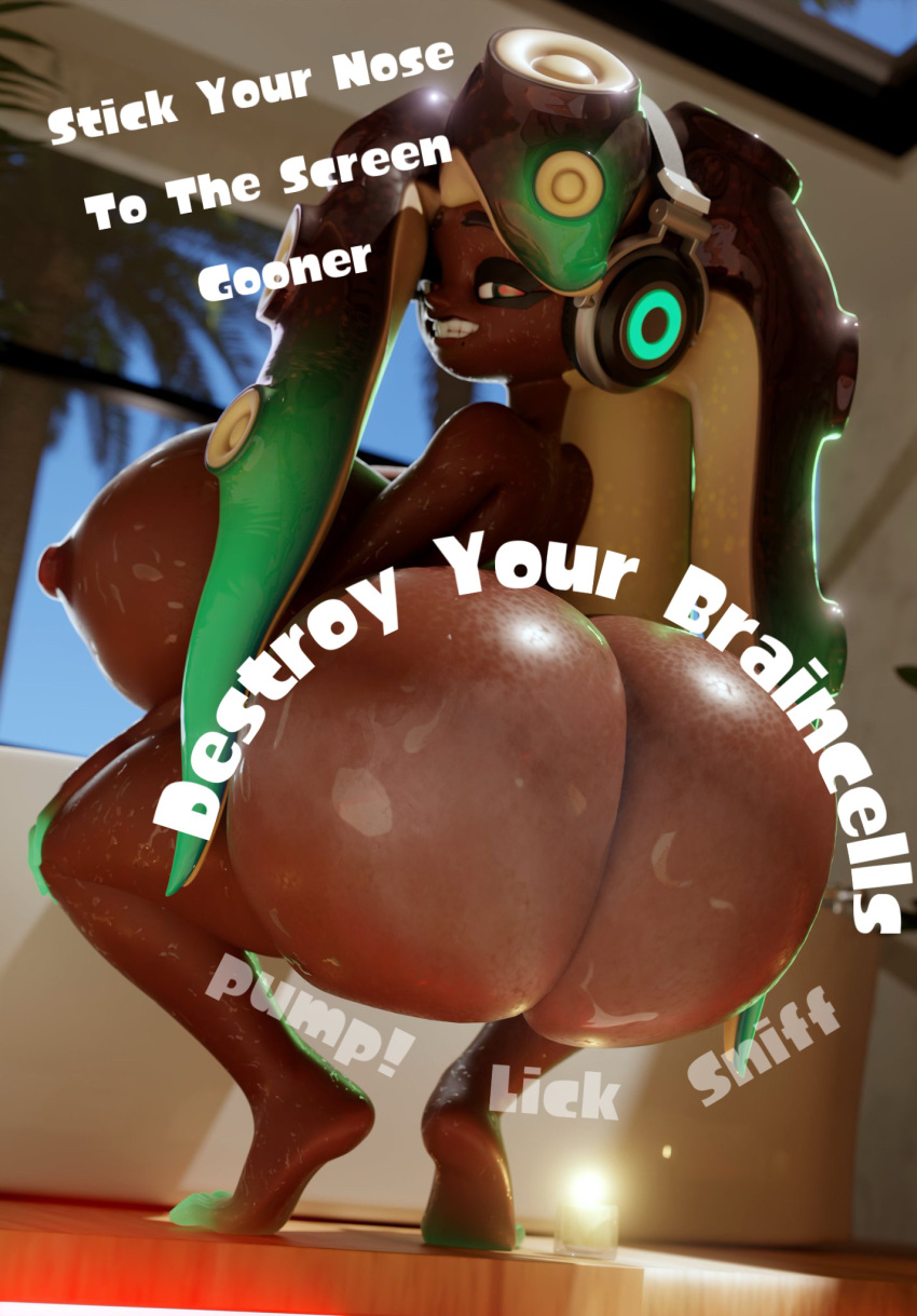 1girl 3d big_ass big_breasts caption dark_skin gooning marina_(splatoon) nintendo splatoon text