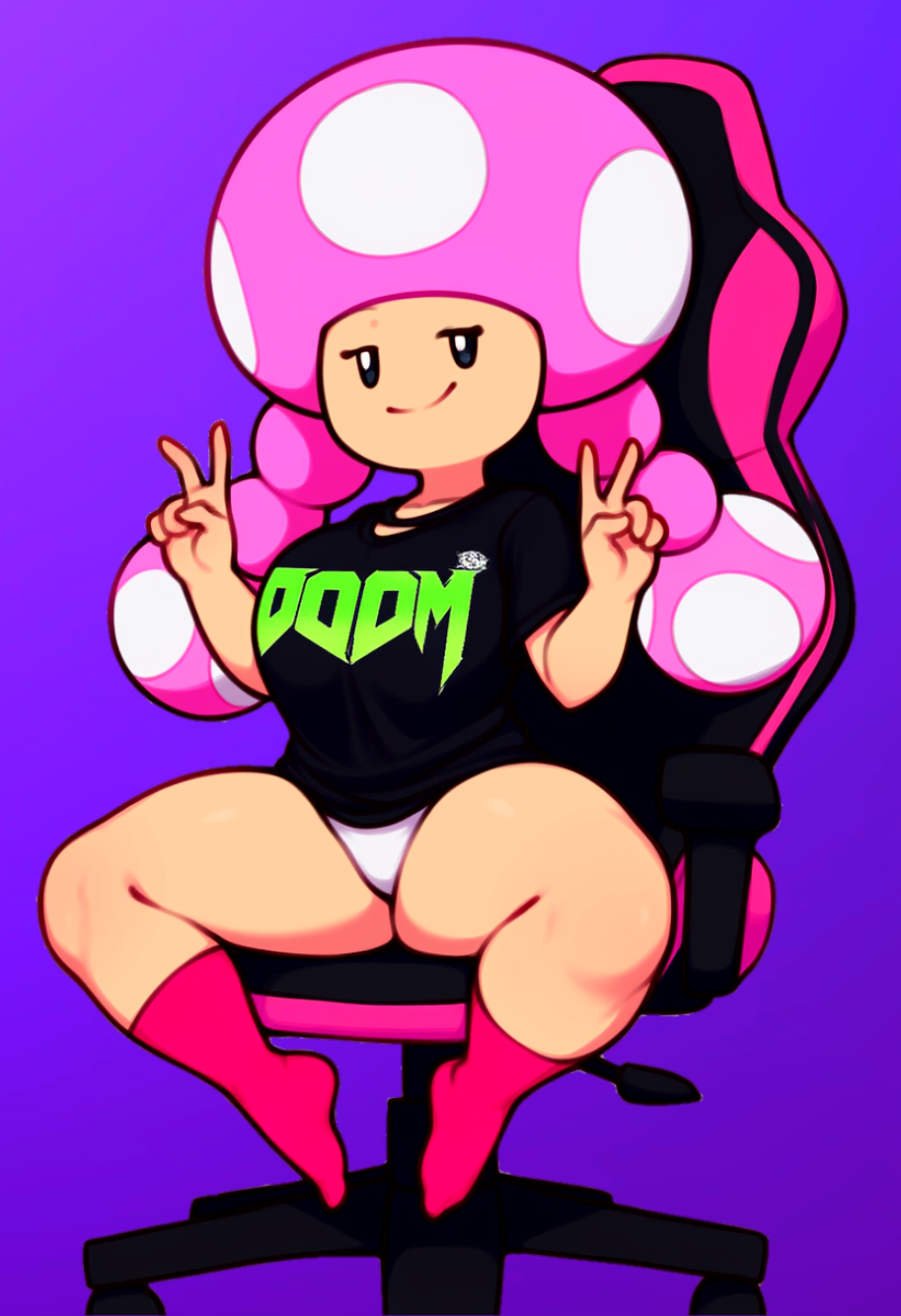 1girl ai_generated black_eyes double_v female_focus gaming_chair mario_(series) mushroom_girl mushroom_humanoid nintendo panties pink_hair purple_background shirt shortstack simple_background smile spread_legs super_mario_bros. toadette twin_braids