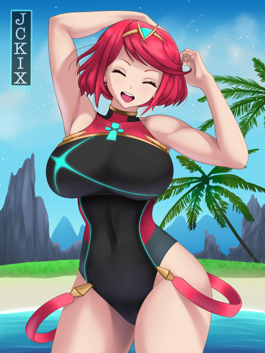 1girl alluring bare_arms bare_legs bare_shoulders bare_thighs big_breasts bikini color core_crystal female_focus female_only high_res jckix_art nintendo one-piece_bikini pyra_(xenoblade) red_hair short_hair solo_female tagme thick_thighs xenoblade_(series) xenoblade_chronicles_2