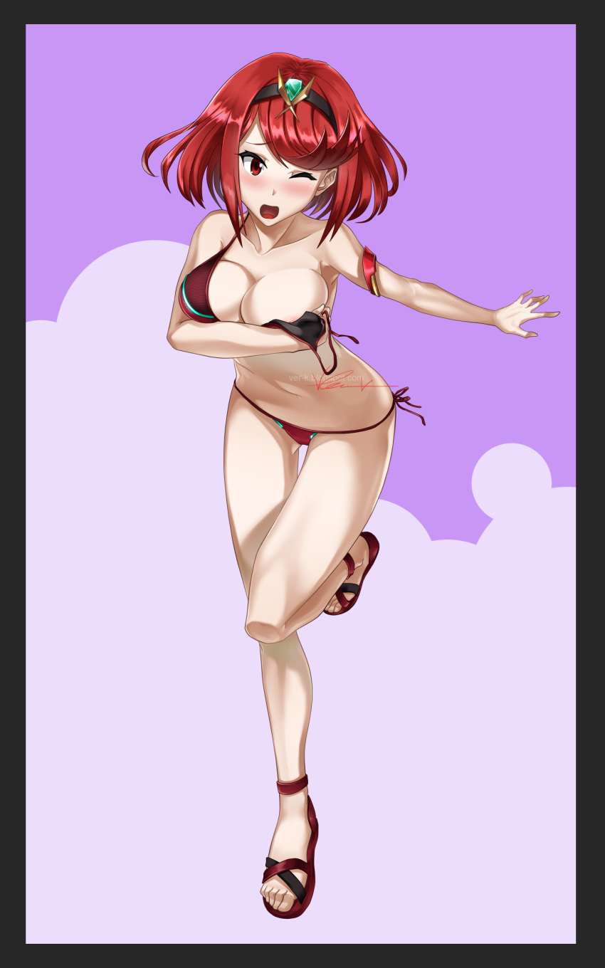 1girl alluring big_breasts bikini bikini_bottom bikini_top covering_breasts heroine milf nintendo off_shoulder pyra_(xenoblade) red_bikini sandals solo_female ver-k xenoblade_(series) xenoblade_chronicles_2