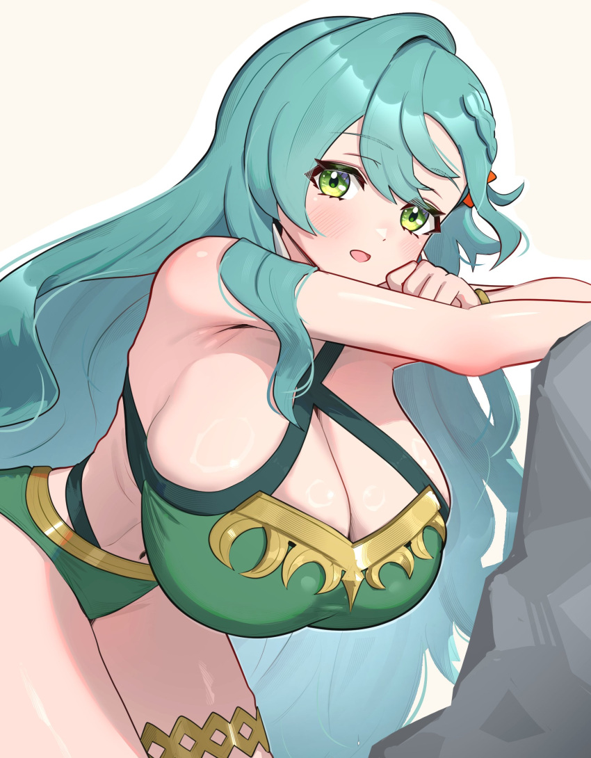 1girl alluring big_breasts bikini blue_hair bow braid chloe_(fire_emblem) cleavage fire_emblem fire_emblem_engage gonzarez green_bikini green_eyes hair_bow intelligent_systems long_hair navel nintendo side_braid swimsuit very_long_hair