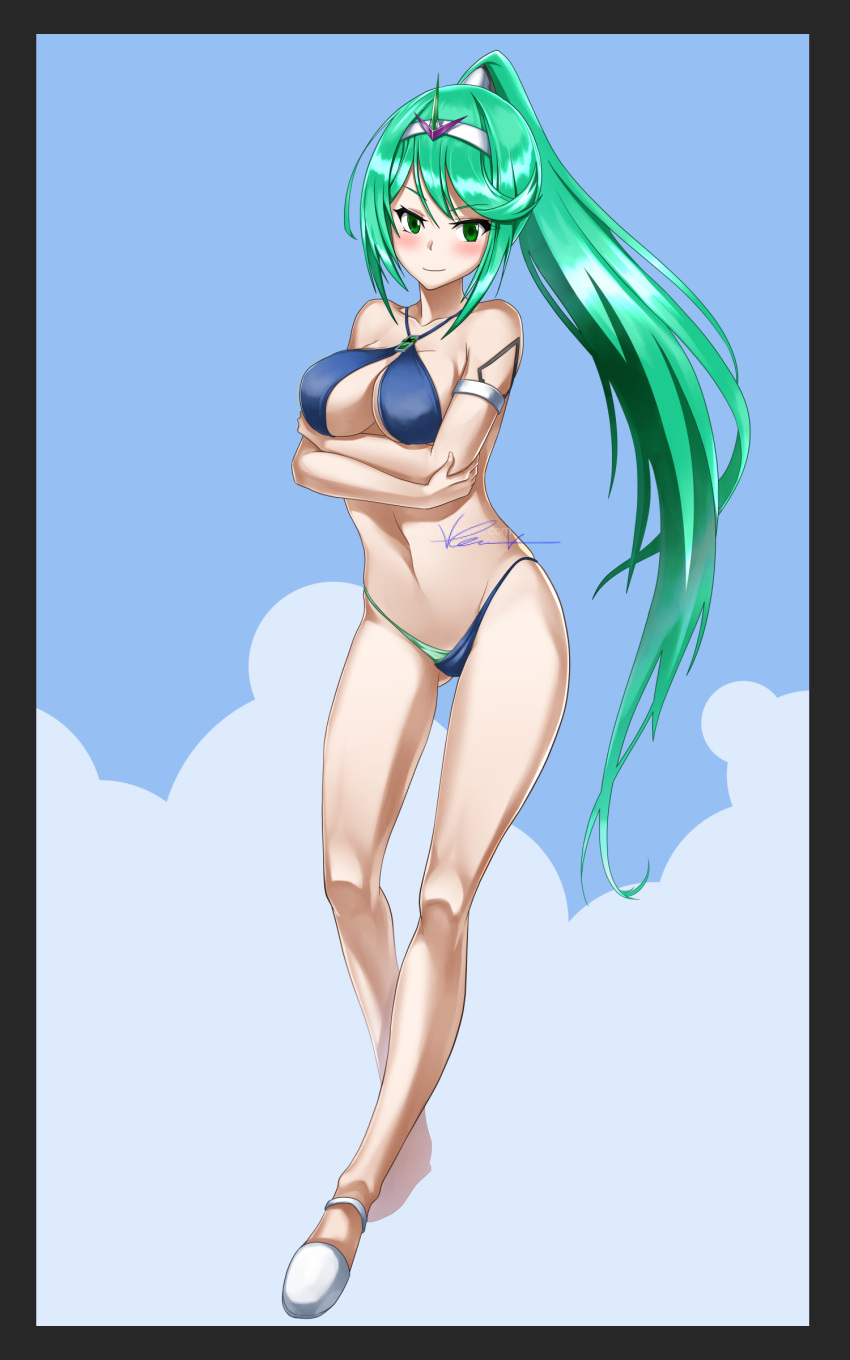 1girl alluring big_breasts bikini cleavage green_eyes green_hair heroine nintendo pin_up pneuma_(xenoblade) ponytail solo_female ver-k xenoblade_(series) xenoblade_chronicles_2
