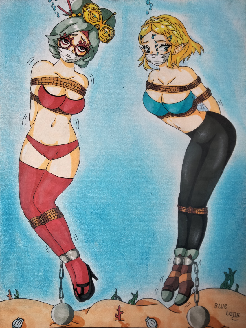 2girls ball_and_chain bikini blue-lotus bondage bound_and_gagged damsel_in_distress drowning elf female gag gagged nintendo over_the_nose_gag princess_zelda purah ryona tears_of_the_kingdom the_legend_of_zelda traditional_art underwater underwater_peril video_games water_torture zelda_(tears_of_the_kingdom)