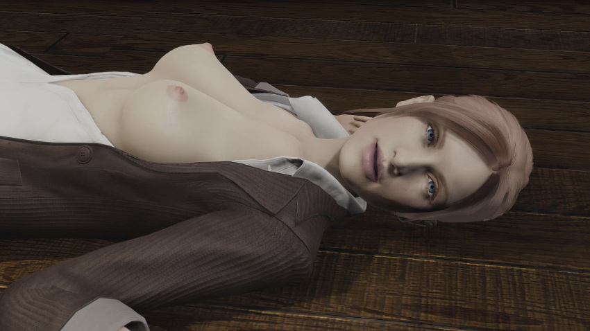 16:9 16:9_aspect_ratio 3d after_sex blue_eyes breasts breasts breasts breasts_out breasts_out_of_clothes brown_hair claire_redfield erect_nipples female_focus looking_at_viewer looking_pleasured lying lying_on_back nipples on_back open_eyes open_mout resident_evil video_game video_game_character video_game_franchise