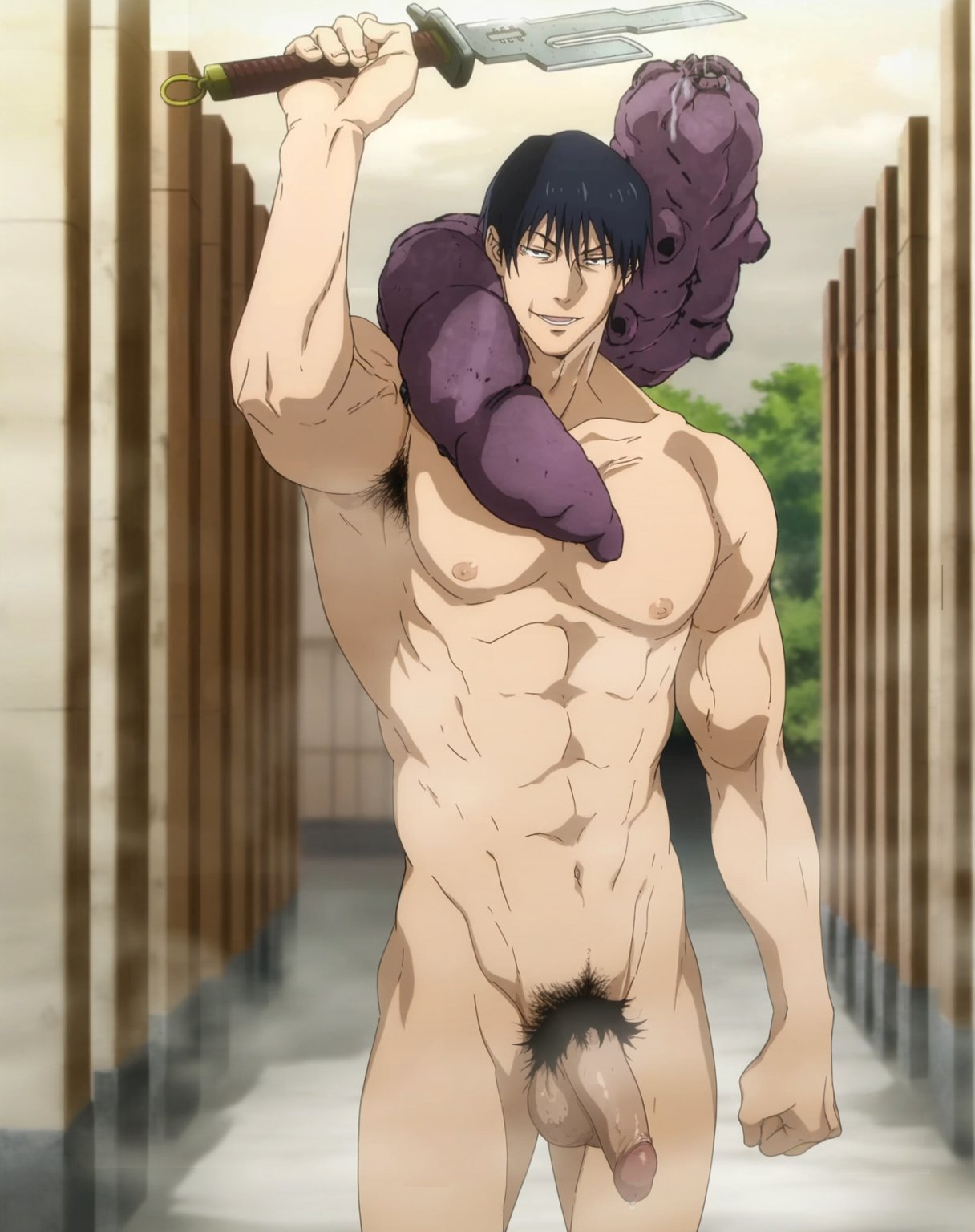 1boy ai_generated anime_style armpit_hair balls ballsack big_penis gilxxgamesh jujutsu_kaisen long_penis male male_focus male_only muscular muscular_male nipples nude nude_male penis solo_focus toji_fushiguro yaoi