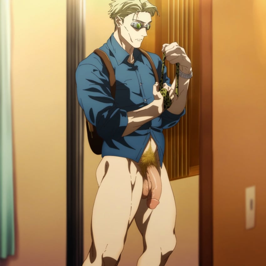 1boy ai_generated balls bara biceps big_balls big_penis blonde_hair completely_nude gilxxgamesh hard_on high_res huge_cock jujutsu_kaisen kento_nanami male male_focus male_nipples male_only muscular muscular_arms muscular_chest muscular_male nipples nude pecs penis sleeping solo_male yaoi