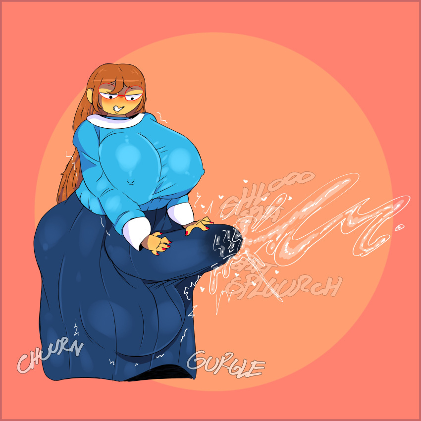 1futa 1girl balls breasts bulge clothed clothing erection_under_clothes erection_under_dress fully_clothed futa_only futanari glasses holding_penis huge_breasts human hyper hyper_balls hyper_penis intersex kindergarten_(game) kindergarten_3 light-skinned_futa light_skin ms._lovelett nipples onomatopoeia penis precum precum_through_clothing slinkmayker tenting