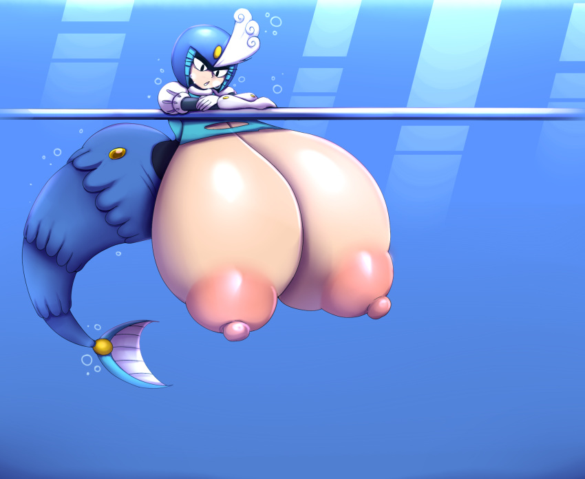 1girl 2025 armor big_breasts blue_background breasts elfdrago female headgear helmet high_res huge_breasts hyper hyper_breasts marine mega_man_(classic) merfolk nipples simple_background solo splash_woman split_form underwater water