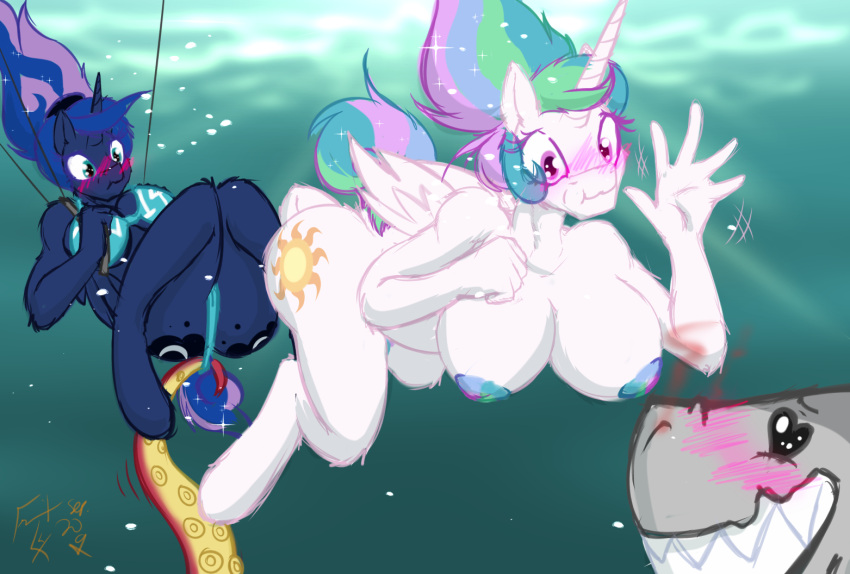 2girls alicorn anthro anthrofied big_breasts bikini bikini_pull bikini_removed b***d blush bodily_fluids breasts clothing clothing_pull equid equine female feral fish friendship_is_magic frist44 fully_submerged group hair hasbro heart_eyes heart_symbol horn mammal marine multicolored_hair multicolored_nipples my_little_pony mythological_creature mythological_equine mythology nipples nude pasties princess_celestia princess_celestia_(mlp) princess_luna princess_luna_(mlp) shark sharp_teeth sibling_(lore) sister_(lore) sisters_(lore) smile swimwear swimwear_pull swimwear_removed teeth tentacle trio two-piece_swimsuit underwater water wings