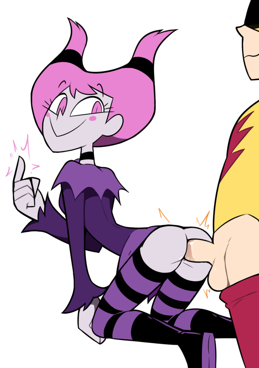1boy 1girl canon_couple dc_comics doggy_position faceless_male female goth grey_skin jinx kid_flash male miscon older older_female pink_eyes pink_hair pussy striped_legwear teen_titans twin_tails vaginal_penetration warner_brothers young_adult young_adult_female young_adult_woman