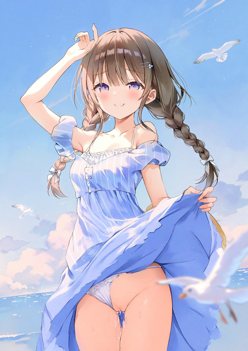 1girl 1girl ai_assisted ai_generated arm_up bare_shoulders bird blue_sky blurry blurry_foreground blush braid brown_hair closed_mouth cloud collarbone cowboy_shot day dress dress_lift hair_ornament hairclip high_res long_hair looking_at_viewer off-shoulder_dress off_shoulder outside panties_aside parallel_hairclips purple_eyes pussy pussy_juice seagull seductive_pose seductive_smile sky smile squinting third-party_edit twin_braids white_dress white_panties