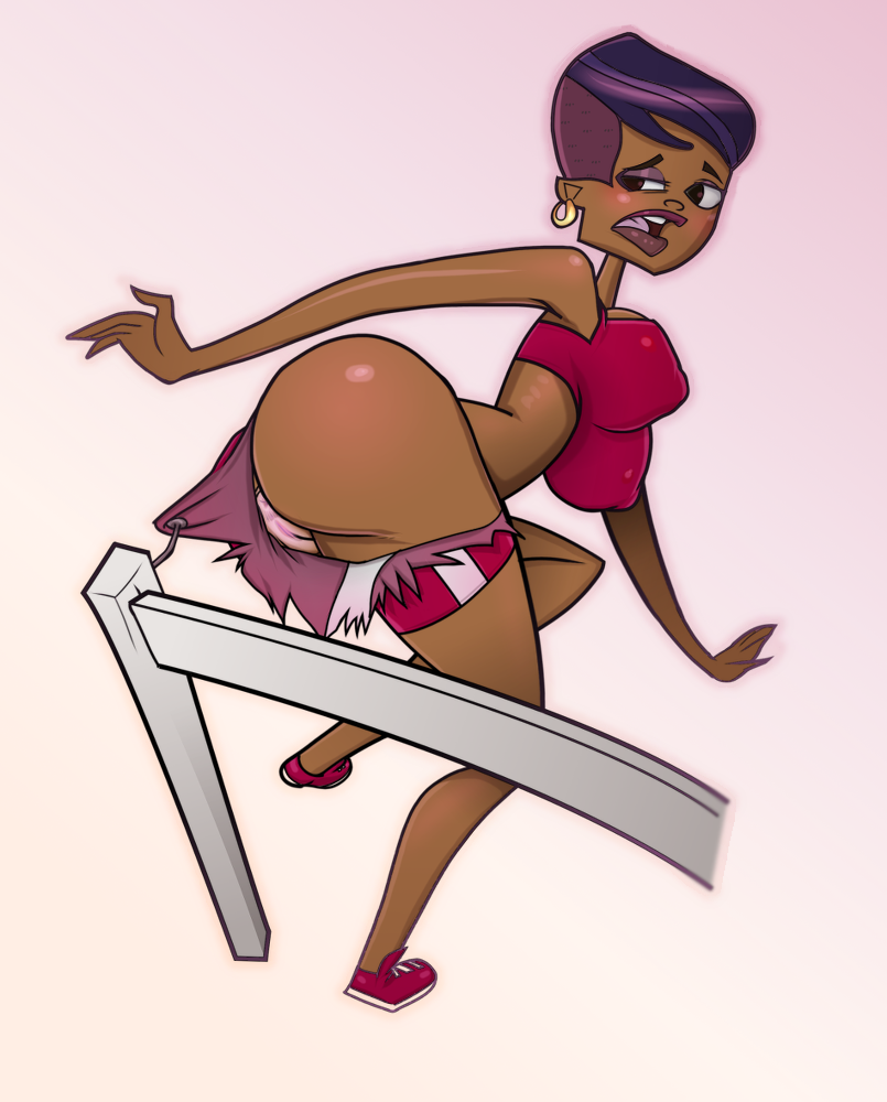 1girl african_female anus ass clothes_stuck_on_object earring enf fence huge_ass issue_69 purple_hair pussy red_shirt stephanie_(tdi) the_ridonculous_race torn_clothes torn_clothing total_drama_island track_pants wide_hips