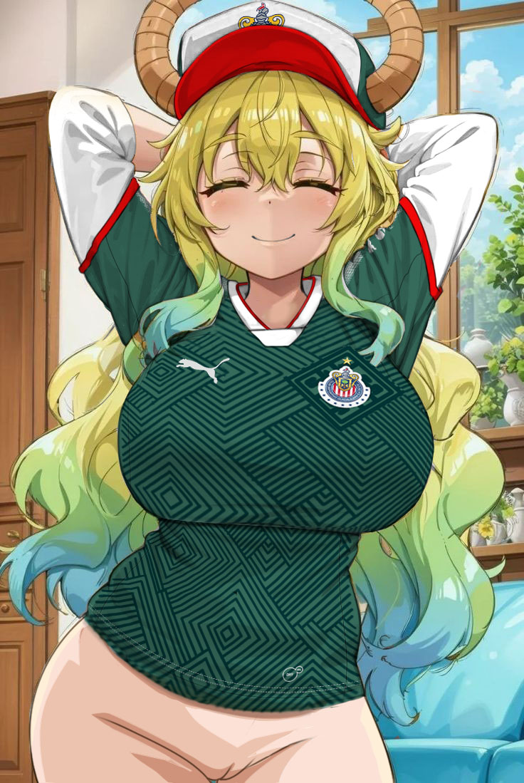 arms_behind_head arms_up big_breasts blonde_hair bottomless cap chivas closed_eyes dragon_horns kobayashi-san_chi_no_maidragon long_hair lucoa_(maidragon) mexican mexico multicolored_hair nekom14 no_panties pussy quetzalcoatl_(dragon_maid) smiling_at_viewer soccer_jersey